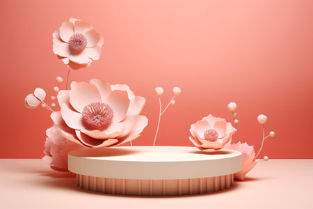 3D white and pink podium is decorated with pink flowers and leaves on pastel pink background, creating a minimalist and elegant scene. Generative AIの素材
