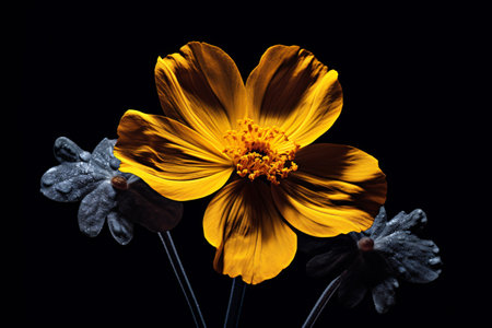 This close-up macro shot of a yellow zinnia on a black background captures the beauty of the flower in a simple and elegant way. Generative AIの素材