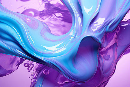 Abstract background features a swirling liquid wave in blue and pink. The glossy texture creates a sense of movement and depth. Generative AIの素材