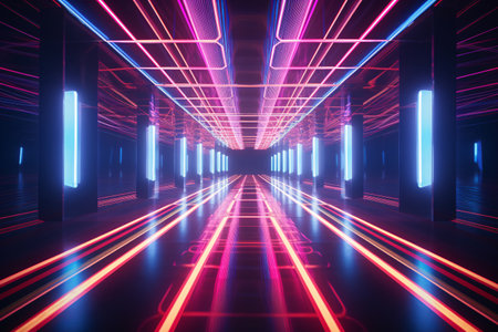 This neon light tunnel is a stunning example of futuristic design. The blue and pink laser glow creates a dynamic and eye-catching effect. Generative AIの素材
