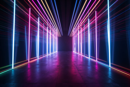 This neon light tunnel is a stunning example of futuristic design. The blue and pink laser glow creates a dynamic and eye-catching effect. Generative AIの素材