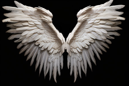 A pair of white feathered wings against isolated a black background, creating a stunning and ethereal image. Generative AIの素材