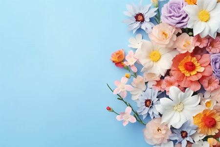 A beautiful bouquet of white and pink daisy flowers isolated on a blue background. Generative AIの素材