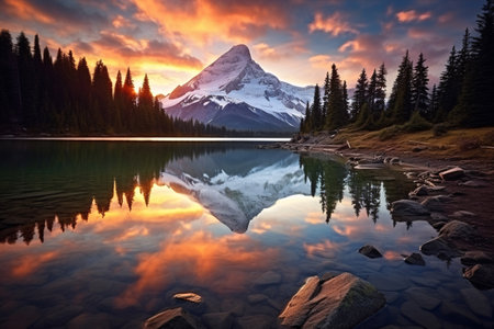 A breathtaking view of a mountain lake reflected in the morning light. The pine forest in the foreground adds to the beauty of the scene. Generative AIの素材