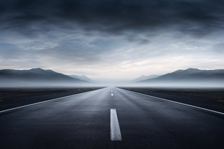 The long, empty highway stretches into the fog, creating a sense of calm and peace. Generative AIの素材