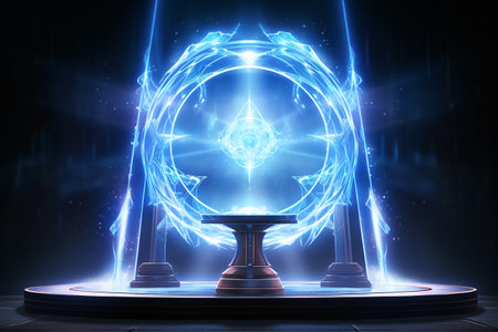 Abstract background features a glowing circle of neon light that creates a portal to another dimension. It's perfect for futuristic, technology, and science fiction designs. Generative AIの素材
