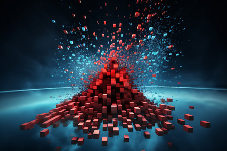 abstract futuristic 3D geometric image of red and blue cubes scattered on a dark background captures the essence of technology and data transfer. Generative AIの素材