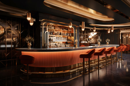 A long counter and chairs fill this Contemporary stylish bar, alcoholic beverages. Generative AIの素材