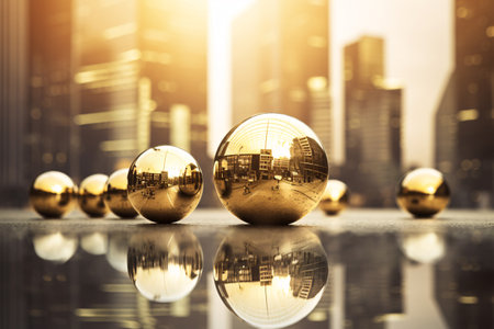 A stunning photo of mirror balls reflecting the lights of a city skyline. This abstract image is perfect for use in any creative project that needs a touch of whimsy and wonder. Generative AIの素材