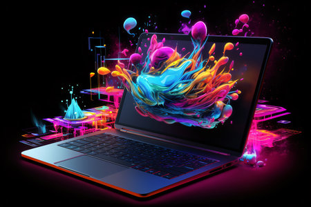 Futuristic illustration features a laptop computer in neon colors, surrounded by fluid and liquid elements. The cityscape in the background is also rendered in neon. Generative AIの素材