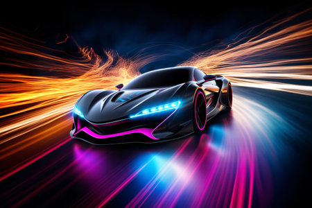 Futuristic car driving through the night, leaving a trail of blue neon light behind it. The car is sleek and aerodynamic, with a glowing blue light on the front. Generative AIの素材