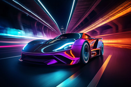 Futuristic car driving through the night, leaving a trail of blue neon light behind it. The car is sleek and aerodynamic, with a glowing blue light on the front. Generative AIの素材