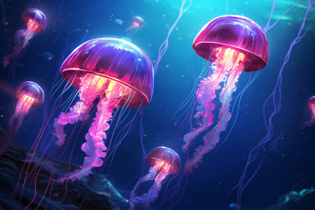 Beauty of bioluminescent jellyfish lighting up the night. The jellyfish are aglow with their own light, creating a surreal and dreamlike scene. Generative AIの素材