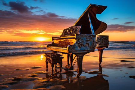 grand piano standing alone on a scenic beach at sunset. The piano is bathed in the warm glow of the setting sun, and the waves gently lap at the shore. Generative AIの素材