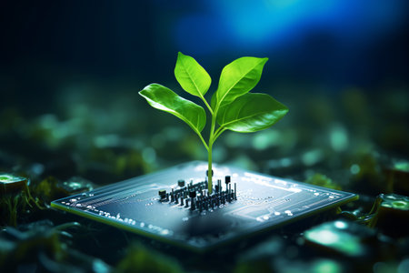 green plant sprout growing on a computer chip.  image that explores the relationship between nature and technology. Generative AIの素材