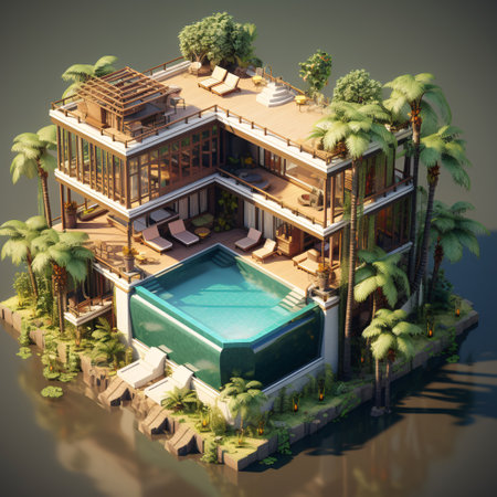 3D isometric render of a modern house with pool is perfect for architects, interior designers, and anyone who loves beautiful homes. Generative AIの素材