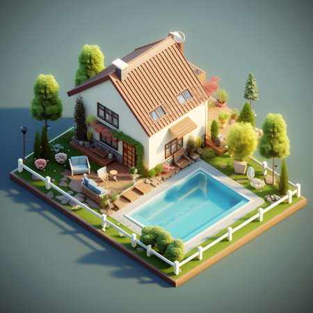 3D isometric render of a modern house with pool is perfect for architects, interior designers, and anyone who loves beautiful homes. Generative AIの素材