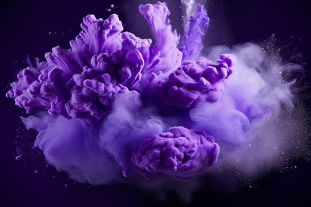 A dramatic lavender smoke burst in a darkened studio creates an ethereal and mysterious atmosphere. Generative AIの素材