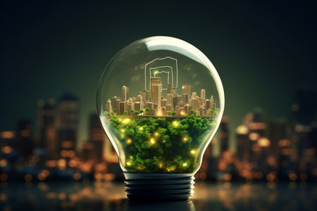 light bulb with a green city inside of it. It is a creative concept for a sustainable future, representing the idea that innovation and technology can help us create a more eco-friendly world. Generative AIの素材