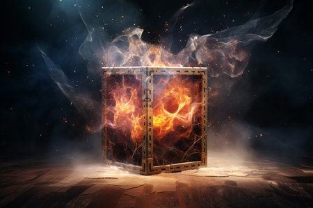 mysterious wooden box sits on a dark background, decorated with abstract particle shapes. The image is full of surrealism and magic. Generative AIの素材