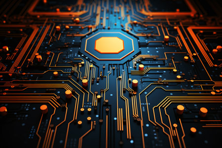 The close-up of a circuit board reveals the intricate details of electronic components. Generative AIの素材