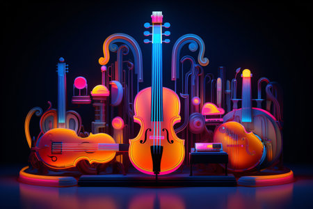 This colorful neon musical instruments 3D illustration is a creative and abstract design that would be perfect for a variety of uses. Generative AIの素材