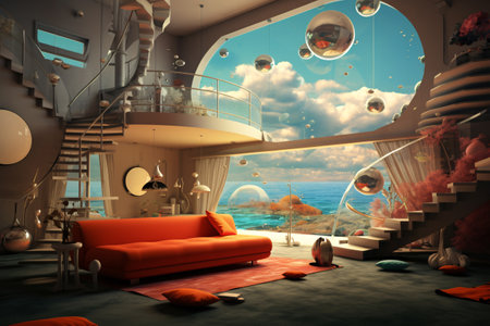 This photo shows a spacious modern minimalist living room with a spiral staircase. The room is decorated with stylish furniture and art, and there is a large window that lets in natural light. Generative AIの素材