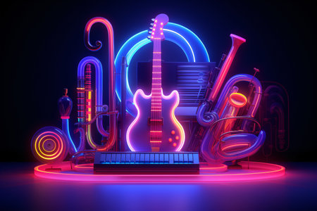 This colorful neon musical instruments 3D illustration is a creative and abstract design that would be perfect for a variety of uses. Generative AIの素材