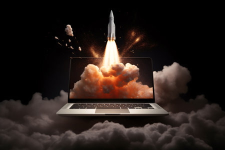 A laptop screen displays a rocket launching into space. The rocket is brightly colored and has a futuristic design. The image is abstract and minimalist, and it evokes a sense of hope and imagination. Generative AIの素材