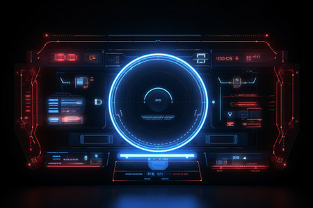 This stunning sci-fi high-tech HUD display features a glowing red and blue interface. The abstract design is perfect for futuristic and technological projects. Generative AIの素材