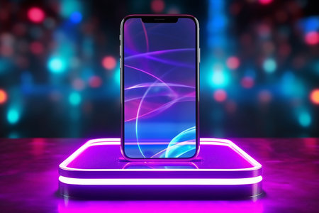 A smartphone sits on top of a neon display, illuminating the device in a colorful glow. This abstract image captures the essence of modern technology in a creative and stylish way. Generative AIの素材