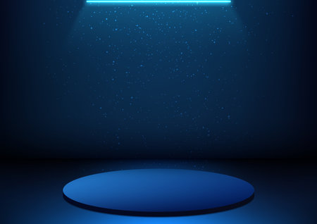 3D blue podium is decorated with fluorescent lighting and particles, creating a futuristic and modern effect. Vector illustrationのイラスト素材