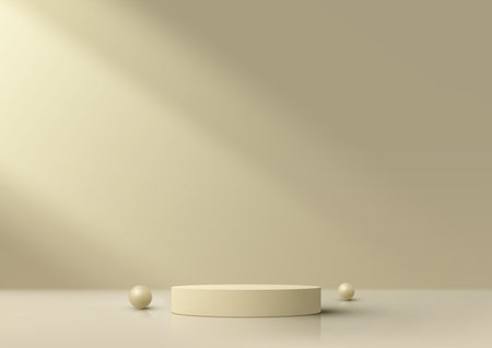 3D realistic empty beige podium stand on beige color background decoration with sphere balls. Vector illustrationのイラスト素材