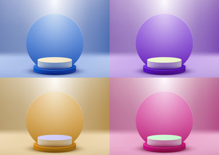 3D realistic empty white podium steps stand with circle backdrop minimal wall scene on vibrant background. You can use for product display presentation, cosmetic display mockup, showcase, media banner, etc. Vector illustrationのイラスト素材