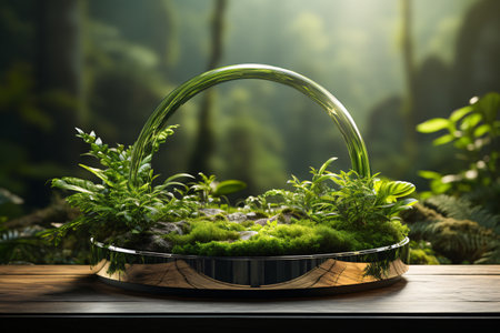 3D circular product podium pedestal display in a nature landscape view background with plants and trees. Perfect for showcasing your products in a unique and eye-catching way. Generative AIの素材