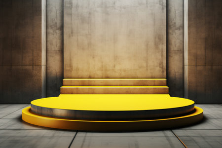 3D of a yellow cylinder podium with an empty wall concrete cement background is perfect for product placement, award ceremonies, speeches, presentations, displays, exhibitions, and more. Generative AIの素材