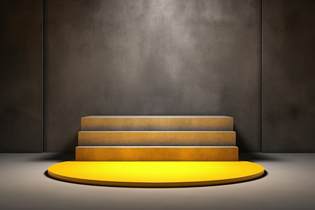 3D of a yellow cylinder podium with an empty wall concrete cement background is perfect for product placement, award ceremonies, speeches, presentations, displays, exhibitions, and more. Generative AIの素材