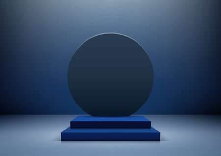 3D realistic blue podium steps decoration with circle backdrop is perfect for product display in showrooms, showcases. Vector illustrationのイラスト素材