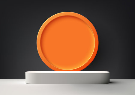 3D realistic white podium product display mockup on black wall background with orange circle backdrop. Perfect for Halloween-themed products, or any product. Vector illustrationのイラスト素材