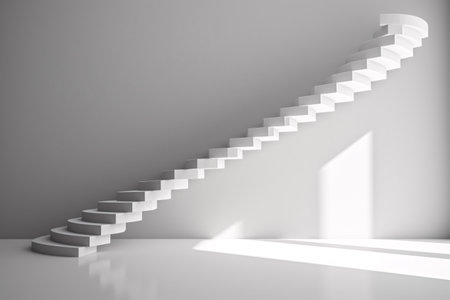 3D rendering of a white staircase floating in isolation on a gray background, bathed in morning light. This abstract architectural illusion creates a sense of wonder and awe. Generative AIの素材