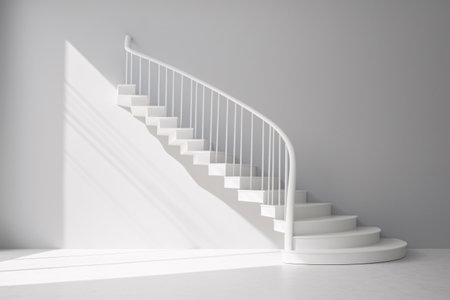 3D rendering of a white staircase floating in isolation on a gray background, bathed in morning light. This abstract architectural illusion creates a sense of wonder and awe. Generative AIの素材