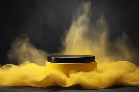 abstract smoke pedestal product presentation 3D rendering is perfect for showcasing your products in a stylish and professional way. The water yellow podium and smoke background. Generative AIの素材