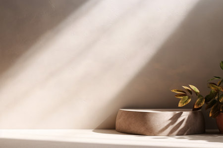 3D beige podium product display presentation features sandstone and plants for a minimalist and elegant look. Generative AIの素材