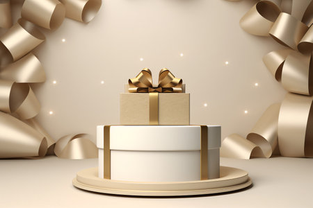 This elegant and modern 3D beige podium with gift box, open box, and gold ribbon. Perfect for product photography, advertising, and marketing. Generative AIの素材
