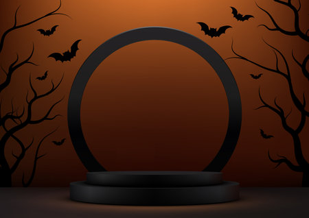 Showcase your products in style with this 3D realistic black podium product display mockup with circle backdrop decoration black dead tree and bats. Perfect for Halloween-themed products. Vector illustrationのイラスト素材