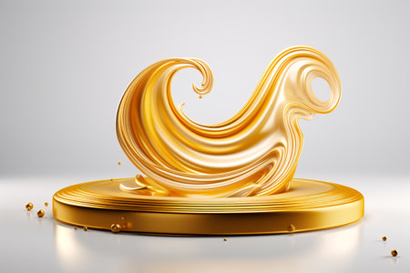 Golden fluid splash on white pedestal podium stand, showcasing a luxurious and elegant aesthetic for product photography, cosmetics promotion, or abstract art. Generative AIの素材