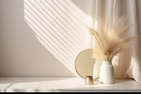 empty modern, minimal, and luxury cream dressing table top in a white wall bedroom with sunlight and leaf shadow. Perfect for displaying cosmetic products. Generative AIの素材