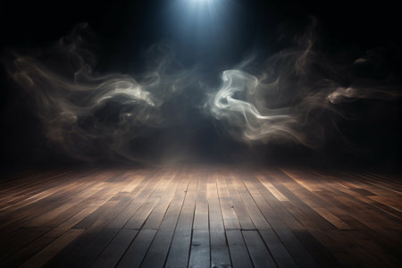 empty wooden floor with smoke floating up on a dark background. The light and shadow create a sense of depth and movement. Generative AIの素材
