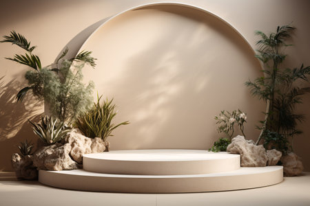 3D beige podium product display presentation features sandstone and plants for a minimalist and elegant look. Generative AIの素材