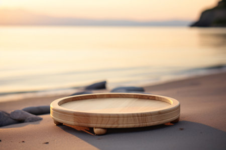 Wooden round tray podium on sand beach, morning light. Beautiful sunrise silhouette over the ocean. Perfect for beach vacation photos. Generative AIの素材